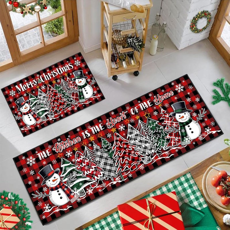 UYDOXCU Merry Christmas Kitchen Rugs and Mats Set of 2, Buffalo Plaid Winter Xmas Holiday Home Kitchen Decor Floor Mats, Washable Non-Slip Sink Carpet (Christmas 1, 17"x47"+17"x30") - Image 4